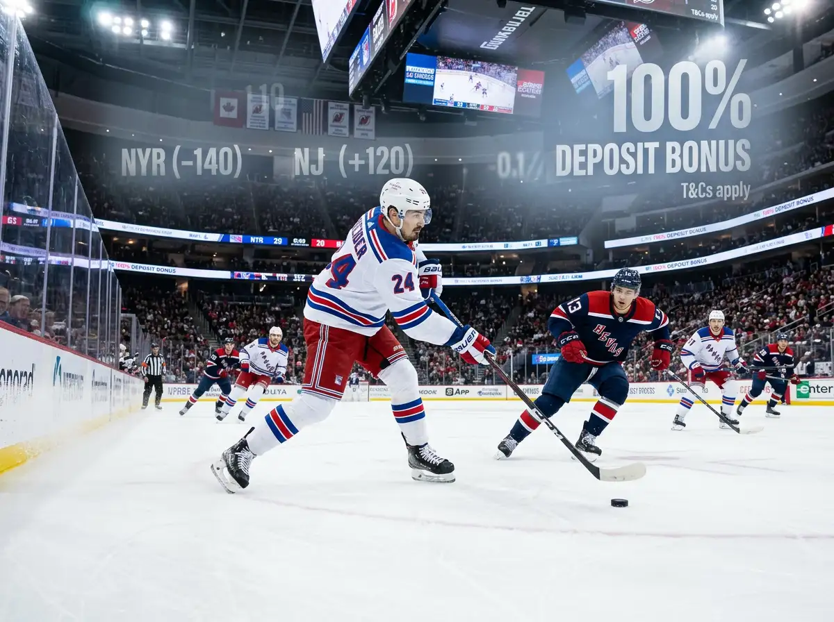Eishockey Wetten Bonus Leitfaden: Spieler auf dem Eis mit Wettquoten und Bonusangeboten im Hintergrund